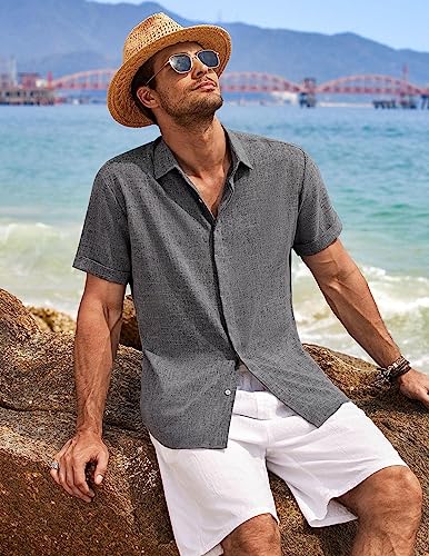 COOFANDY Men's Linen Shirts Short Sleeve Casual Shirts Button Down Shirt for Men Beach Summer Wedding Shirt Dark Grey