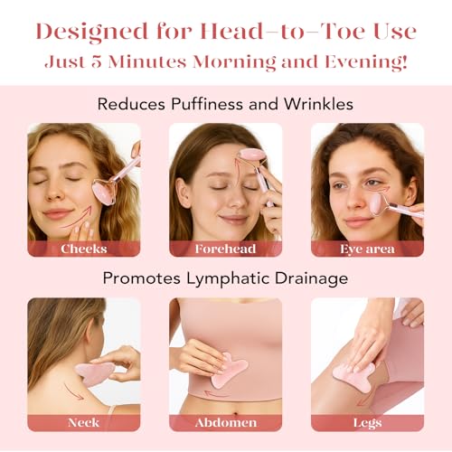 BAIMEI IcyMe Rose Quartz Roller & Gua Sha Facial Tool Set for Depuffing