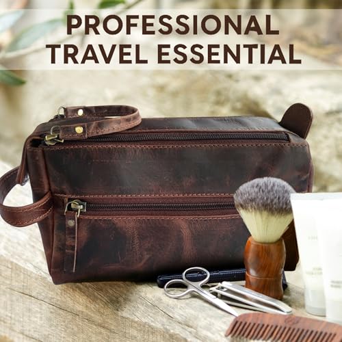 Leather Toiletry Bag for Men - Full Grain Travel Dopp Kit & Shaving Bag