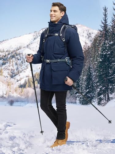 Rejork Long Winter Jackets for Men Faux Two-Piece Waterproof Parka Snow Warm Coats with Hood 2XL