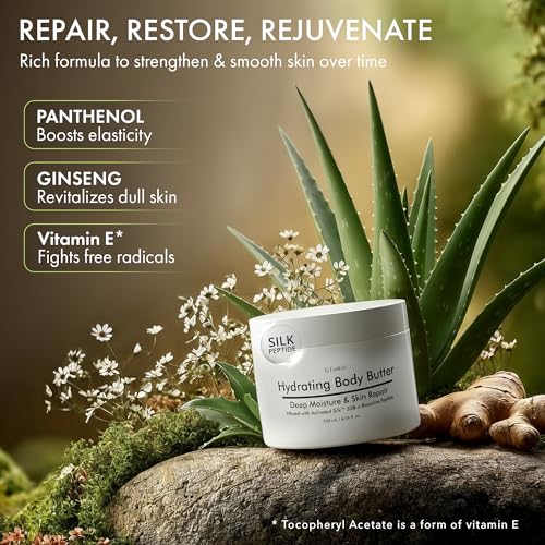 Hydrating Silk Peptide Body Butter - Lightweight Non-Greasy Moisturizer with Aloe Vera, Vitamin E & Herbal Extracts for Dry, Rough, and Sensitive Skin - Deep Nourishment Body Glaze & Hydration