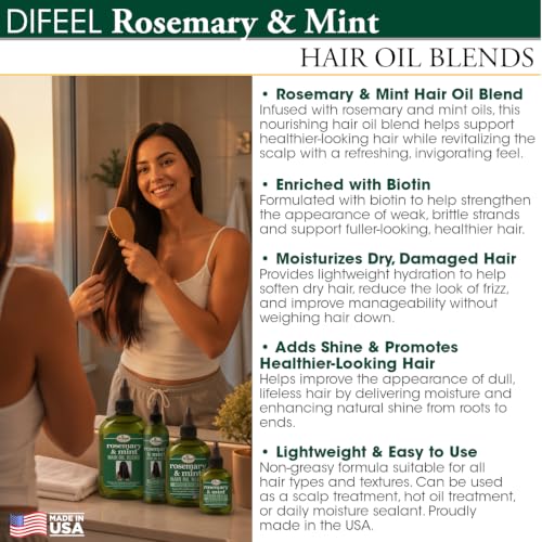 Difeel Rosemary and Mint Hair Oil Blend with Biotin 7.1 Ounce - Strengthening Scalp & Hair Treatment Oil Blend, Nourishes Dry Damaged Hair, Adds Shine & Moisture