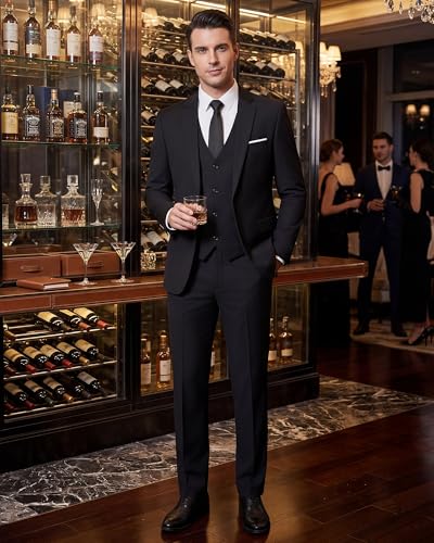 WULFUL Men's Slim Fit 3 Piece Suit, One Button Solid Blazer Business Party Jacket Vest Pants Set Black