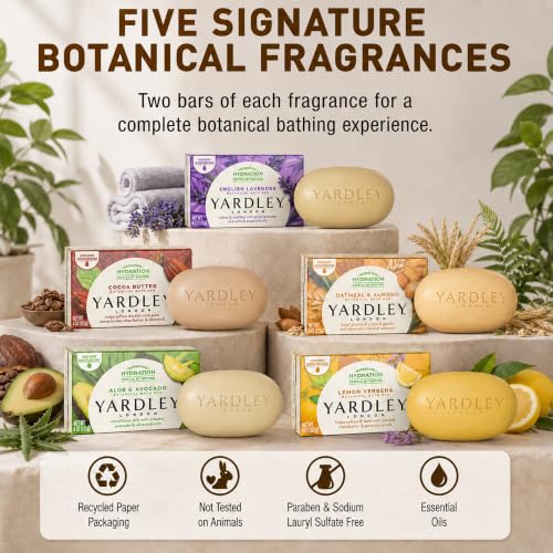Yardley London Soap Bath Bar Bundle - 10 Bars: English Lavender, Oatmeal and Almond, Aloe and Avocado, Cocoa Butter, Lemon Verbena 4.25 Ounce Bars (Pack of 10 Bars, Two of each)