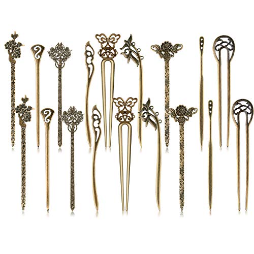 TUPARKA 18 PCS Hair Sticks Vintage Hair Pins Chinese Women Hair Chopsticks Pins Retro Vintage Decorative for Hair Accessory（9 Design） (bronze)