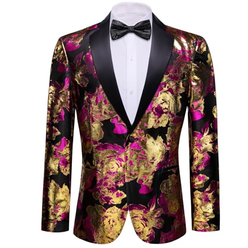 Barry.Wang Mens Gold Suit Flowers Blazer Pink Jacket Floral Jacquard Notched Lapel Tuxedo Luxury Sport Coat Anniversary Cruise Banquet