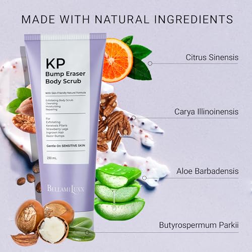 BellamiLuxx KP Bump Eraser Body Scrub: Exfoliating Keratosis Pilaris, Strawberry Skin Treatment - Smooths Rough, Bumpy, Dry Skin on Arms, Legs, Buttocks - KP Scrub Wash Helps Reduce Ingrown Hair Bumps