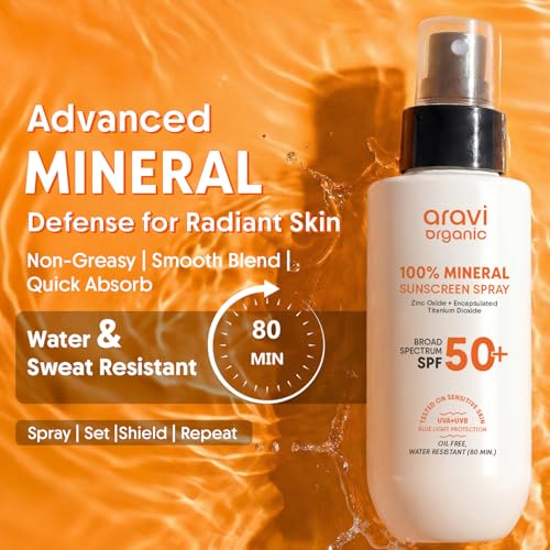 Aravi Organic 100% Mineral Sunscreen Spray SPF 50 | Broad Spectrum | Water Resistant 80 Min | Lightweight, No White Cast | Tan-Free Skin | Reef Safe + Oxybenzone Free | Zinc Oxide & Titanium Dioxide