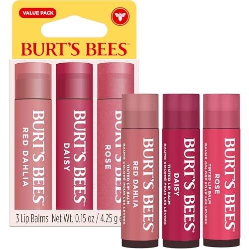 Burts Bees Tinted Lip Balm Value Pack, Includes Red Dahlia, Daisy and Rose, 8 Hour Moisture, Provides a Hint of Color, Nourishing Shea Butter, 100 Percent Natural Origin, 0.15 oz., Three Tubes