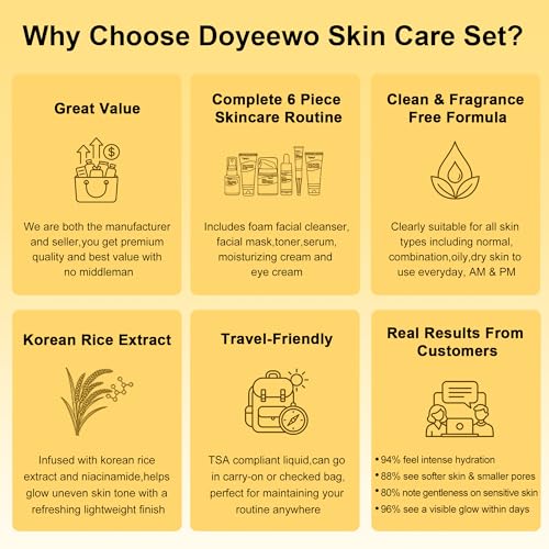 Skin Care Set w/Korean Rice Extract for Hydration,Glow,Repair &Radiant Skin
