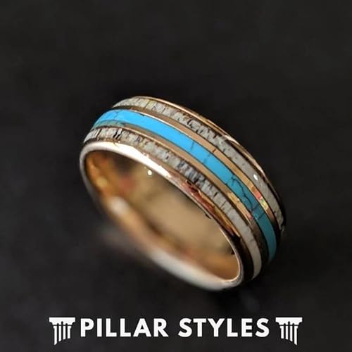 Rustic Deer Antler Rings for Men Tungsten Rustic 18K Rose Gold Ring Mens Wedding Band with Turquoise Inlay 8mm Unique Nature Inspired Outdoorsman Anniversary Gifts for Him