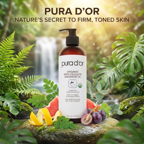 PURA D’OR 16 Oz Organic Anti-Cellulite Massage Oil for Toned Legs and Butt - Lemon Peel, Moringa, Grape Seed, Grapefruit & Eucalyptus Oils - Skin Firming & Tightening