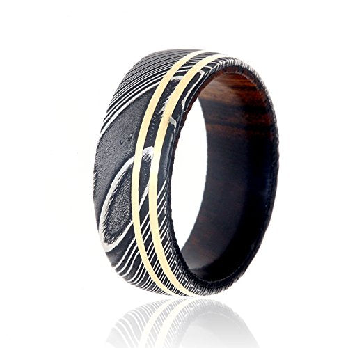8mm Damascus Steel Wedding Bands USA Made 14k Gold Rings Damascus Rings