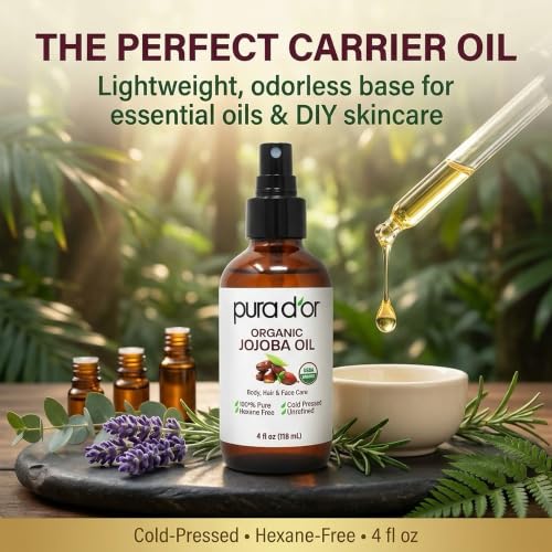 PURA D'OR Organic Jojoba Oil - USDA Certified - 100% Pure & Natural Moisturizer - Cold Pressed, Unrefined, Hexane Free, Skin Care, Hair, Body, Face & Nails, DYI Carrier Oil 4 Oz - Ayurvedic Hair Care
