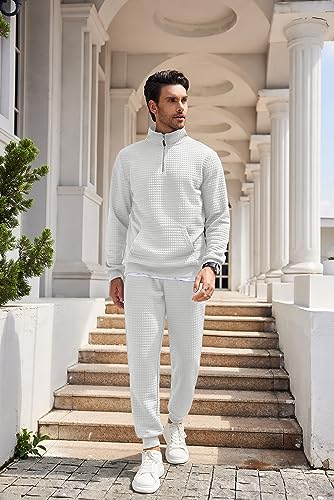 COOFANDY Men's Tracksuit 2 Piece Quarter Zip Sweatsuit Workout Plaid Jacquard Jogging Suit Set