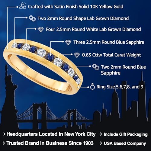 Gem Stone King Men's 10K Yellow Gold White Lab Grown Diamond and Blue Sapphire Satin Finish Wedding Band Ring For Men | 0.63 Cttw | Size 13