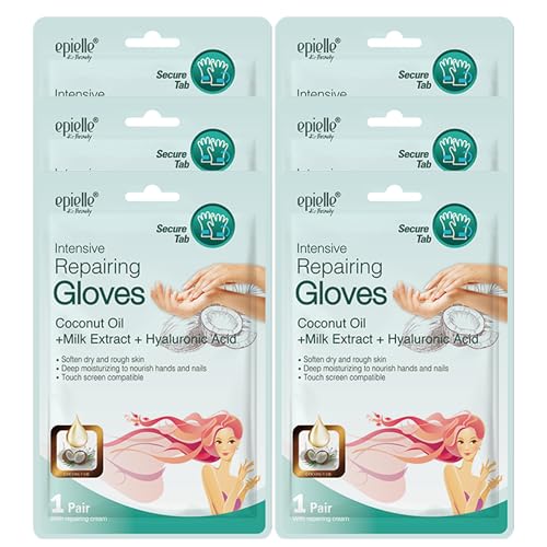 Epielle Intensive Repairing Hand Mask 6 Pairs, Soften with Coconut Oil & Milk Extract, Deep Moisturizing Gloves for Dry, Rough Skin, Self Care Gifts for Women, Spa Kit