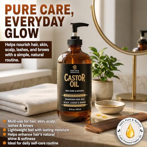 Pure Cold Pressed Castor Oil, Hexane Free Glass Bottle Unrefined, 16 fl oz