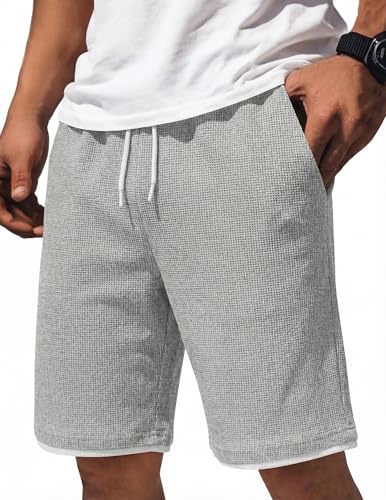 COOFANDY Mens Lounge Shorts Summer Beach Sweat Shorts Elastic Waistband Casual Vacation Waffle Shorts Light Grey