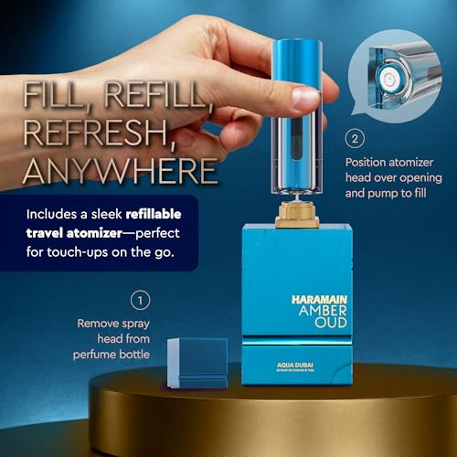 Al Haramain Amber Oud Eau de Parfum – Aqua Dubai – Oud Cologne + ATOMIZER – Men's Perfume for Men: Bergamot, Green Notes, Mandarin, Melon, Pineapple, Amber, Vanilla, Musk, Mens Fragrances (2.5 oz)