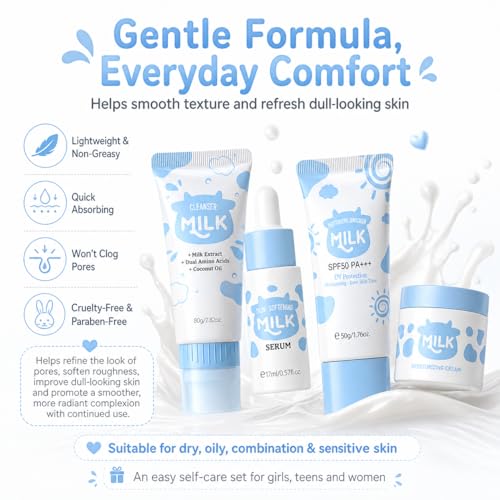Milk Skincare Set For Women & Girls, Hydrating Milk Skin Care For Teens 10-12, Complete Gift Set Skin Care For Kids, Skincare For Girls 10-12, Self Care Beauty Gift For Her, Mothers Day Gifts Set