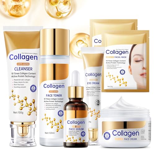 Collagen Skin Care Set, Anti Aging Skincare Set for Wrinkles & Fine Lines, Shrink Pores, Hydrate & Firm Skin, 7 Pcs Skincare Kits for Women with Cleanser, Toner, Serum, Cream, Eye Cream, 2 Pcs Masks.