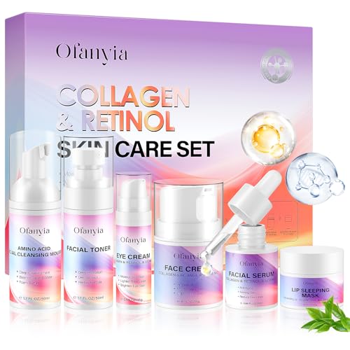 Collagen Retinol Skincare Set, 6 Pcs Anti-Aging Skin Care Set with Hydrating Cleanser, Eye Cream, Toner, Cream & Lip Mask, Facial Kit for Women, Birthday Gift for Her