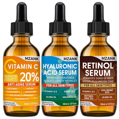 3 Pack Face Serum Skin Care Set-Includes Vitamin C, Hyaluronic Acid & Retinol Serums for Face-Brightening, Anti-Aging,Hydrating Facial Serums-AM, PM & All-Day Skincare Routine