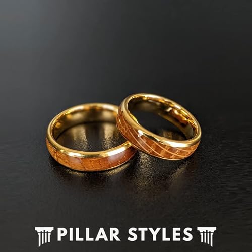 6mm Yellow Gold Ring with Bourbon Wood Inlay Tungsten Rings for Men 14K Gold Wedding Band Whiskey Barrel Ring