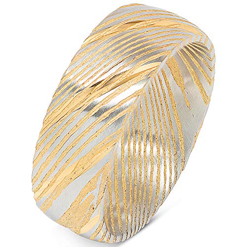 100S JEWELRY Damascus Steel Ring Men Wedding Band Two Tone Gold Silver Dome Comfort Fit Size 8-16 (Damascus, 16)
