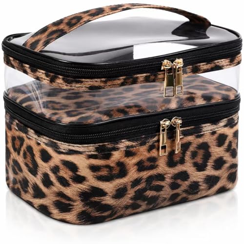 imerelez Double-layer Cosmetic Bag Makeup Bag Travel Makeup Bag Makeup Bags for Women Cosmetics Cases Portable Waterproof Foldable (Leopard)