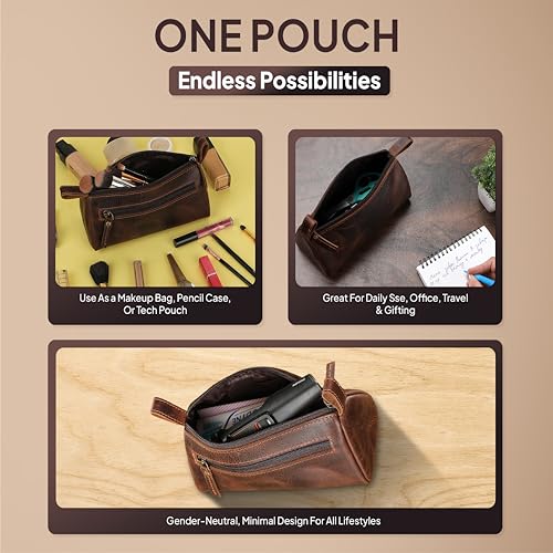 TheAntiq Leather Makeup Bag for Women – Genuine Leather Cosmetic Bag Travel, Handmade Zippered Makeup Pouch, Small Toiletry Bag, Shaving Kit & Stationery Organizer- Brown