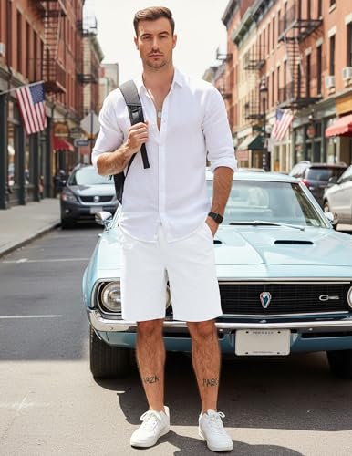 COOFANDY Men's Casual Shorts Cotton Elastic Waist Drawstring Shorts Lightweight Summer Beach Shorts White