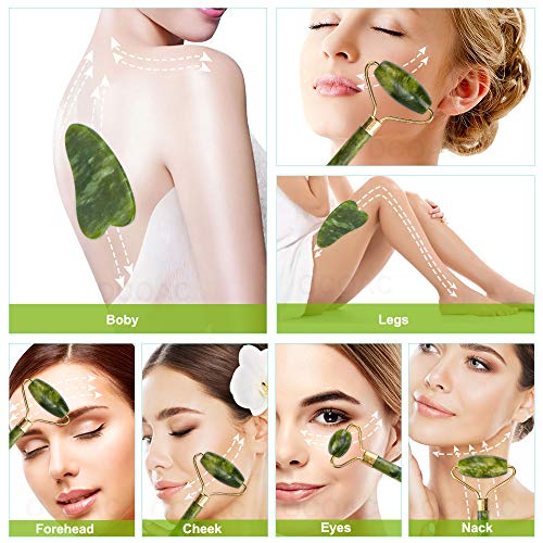 Jade Roller & Gua Sha Set 5 in 1 Facial Massager Tools - Jade Gua Sha Facial Massager Set with Roller for Face Sculpting & Skin Care
