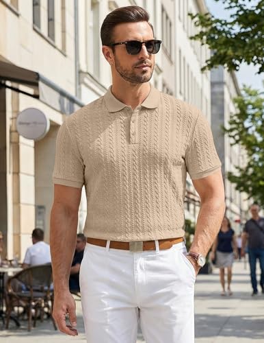 JMIERR Polo Shirts for Men Classic Fit Casual Ribbed Button Down Shirt Quiet Luxury Clothes Casual Collared Shirt, US43(L), Parchment
