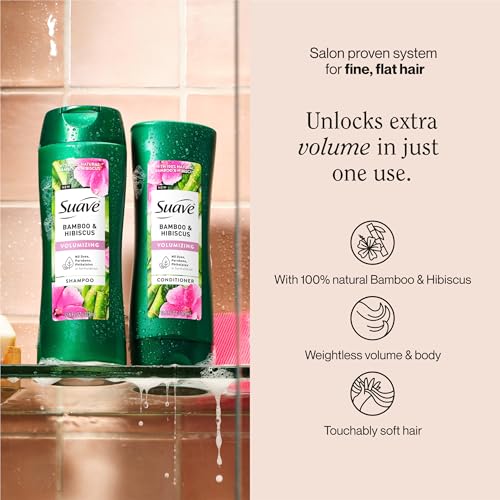 Suave Bamboo & Hibiscus Volumizing Shampoo, for Fine and Flat Hair, Salon Proven System for Boosting Hair Volume and Body, 12.6 oz