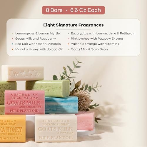 Australian Botanical Soap Variety Pack, 6.6 oz Bars – Goat Milk, Eucalyptus, Manuka Honey, Sea Salt, Pink Lychee, Lemongrass, Raspberry, Valencia Orange – Enriched with Organic Shea Butter, Pack of 8