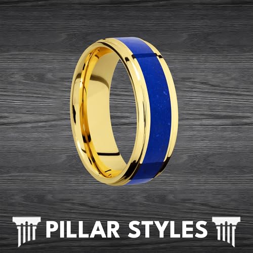 14K Gold Ring Lapis Lazuli Wedding Bands Luminous Blue Tungsten Rings for Men with Step Edges Durable Comfort Fit Sizing 8mm Unique Yellow Gold Anniversary Gifts for Him