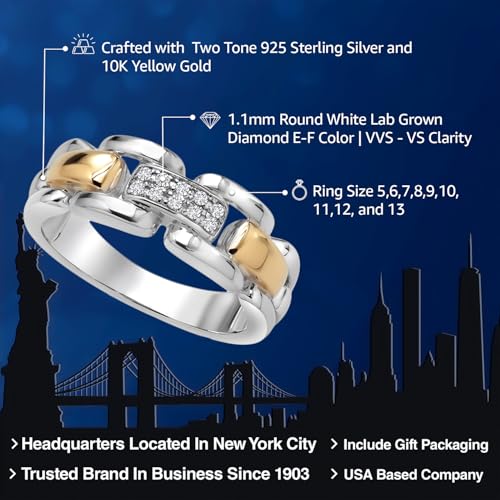 Gem Stone King Round White Lab Grown Diamond Wedding Band Ring for Men | 925 Sterling Silver and 10K Yellow Gold | 7MM Width | Available In Size 5, 6, 7, 8, 9, 10, 11, 12, 13