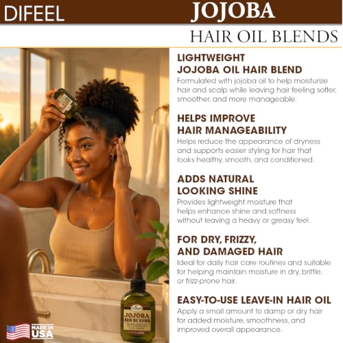 Difeel Jojoba Oil Hair Oil Blend - Travel Size 2.5 oz. - Lightweight Hair & Scalp Moisturizing Oil for Dry, Damaged & Frizzy Hair, Adds Shine & Softness