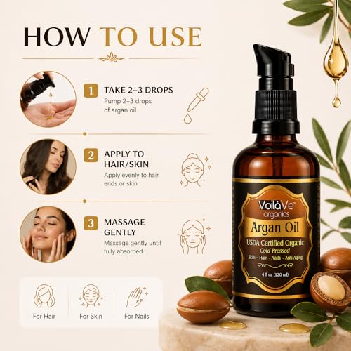 VoilaVe USDA Pure Organic Moroccan Argan Oil for Skin, Nails & Hair Growth, Anti-Aging Face Moisturizer, Cold Pressed, Hair Moisturizer, Rich in Vitamin E, As Seen On TV - 4 fl oz