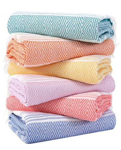 Genovega 6 Packs Oversized Turkish Beach Towels Set Towel Bulk 74"x38" Extra Large Quick Dry Sand Free Light Swim Bath Camping Pool Towel Travel Blanket Essentials Cruise Accessories Adult Vacation