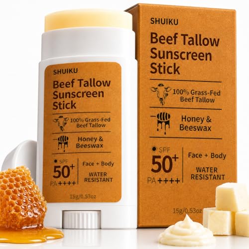 Beef Tallow Sunscreen Organic Stick SPF 50 – Non Nano Zinc Oxide Tallow-Based Mineral Sunscreen with Honey & Beeswax for Face & Body, Water-Resistant Natural Sunblock, 0.53 oz