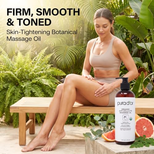 PURA D’OR 16 Oz Organic Anti-Cellulite Massage Oil for Toned Legs and Butt - Lemon Peel, Moringa, Grape Seed, Grapefruit & Eucalyptus Oils - Skin Firming & Tightening