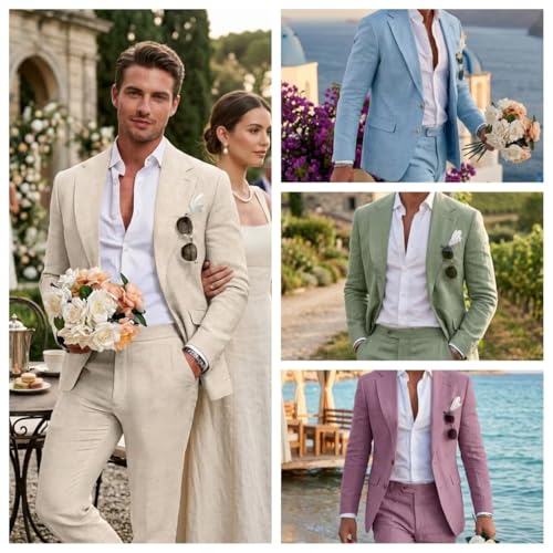 Aowdoy Men's Linen Suits Slim Fit Casual Lightweight Blazer Jacket and Pants Set for 2 Piece Summer Beach Wedding Suit Light Green S