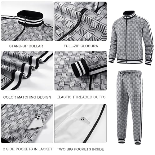 Aiozowa Track Suits for Men Set Plaid Jogging Tracksuit Mens 2 Piece Sweatsuits Jogger Sweat Suits Two Piece Sport Leisure Clothes Outfits Black White KEW-KE05-M