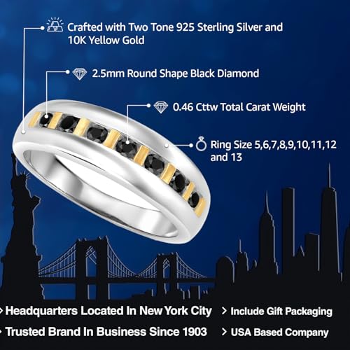 Gem Stone King Black Diamond Wedding Band Ring for Men | 925 Sterling Silver and 10K Yellow Gold | 0.46 Cttw | Round 2.5MM | Size 7