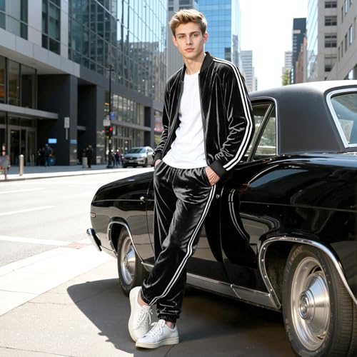 Heyfanee Mens Track Suits 2 Piece Set Velour Black Jogging Suits for Men Winter Slim Fit Sweatsuit L