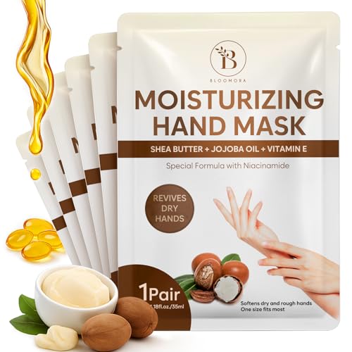 BLOOMORA Repairing Hand Mask for Dry Cracked Hands, Hand Masks with Shea Butter, Jojoba Oil & Vitamin E, Moisturizing Gloves, Skin Care Gifts for Women & Men, Self Care Gifts for Women (6 Pairs)