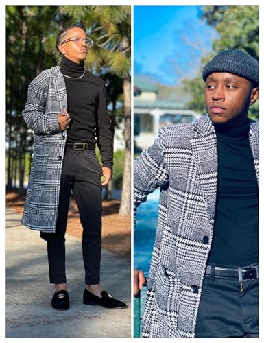 UANEO Mens Trench Coat Single Breasted Plaid Mid Long Peacoat Pea Coats (Gray, M)